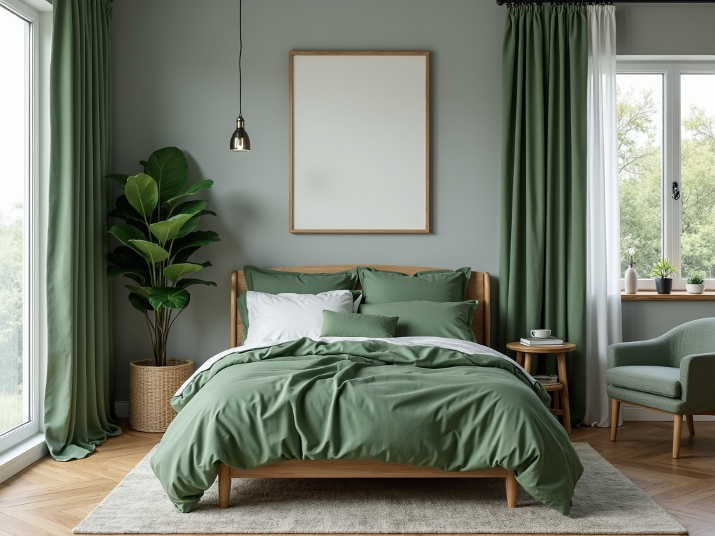 Schlafzimmer mit grünen Akzenten und natürlichen Elementen