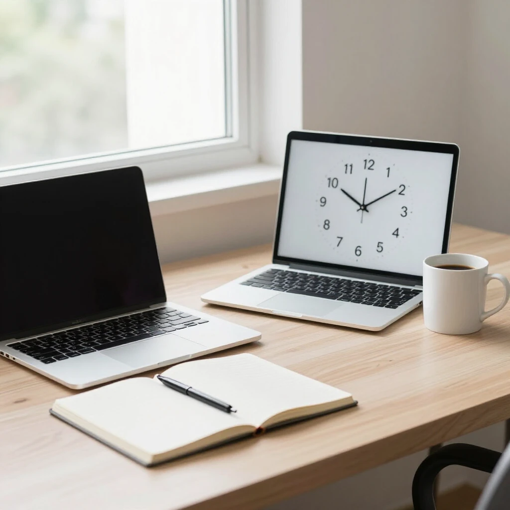 Ein ruhiger, organisierter moderner Arbeitsplatz mit Laptop, Notizbuch, Kaffeetasse und Uhr auf dem Schreibtisch, natürliches Licht durch ein Fenster