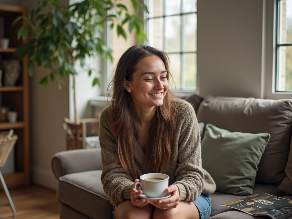 Eine Person sitzt in einem aufgeräumten Raum, wirkt friedlich und zufrieden, vielleicht mit einer Tasse Tee oder einem Buch.