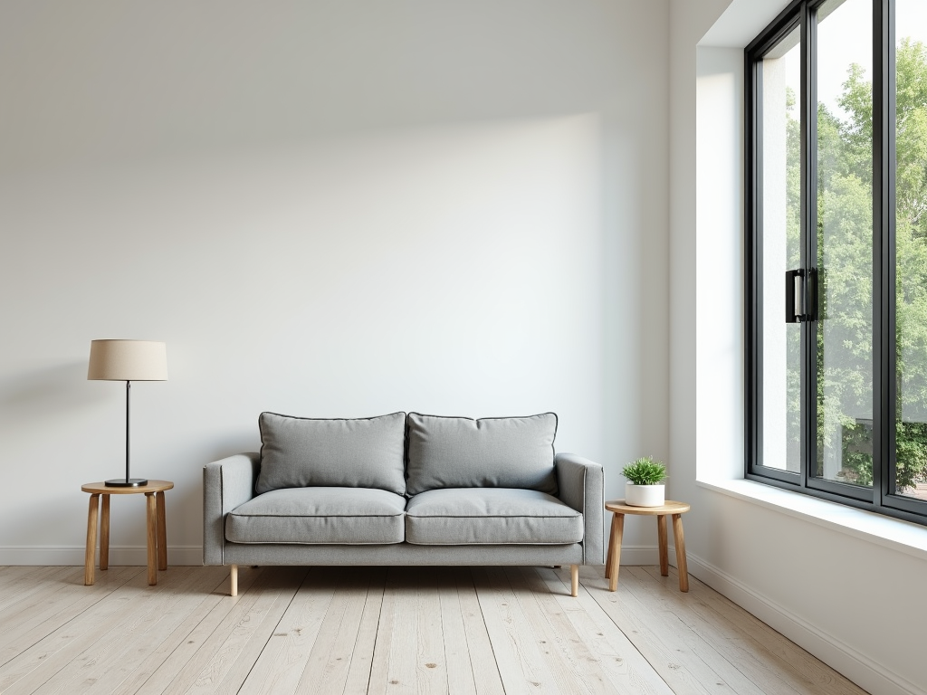 Ein helles, minimalistisches Wohnzimmer mit einem grauen Sofa und viel natürlichem Licht.