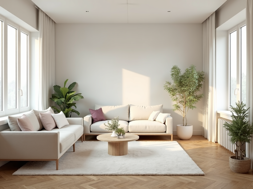 Ein ruhiges, aufgeräumtes Wohnzimmer mit natürlichem Licht.