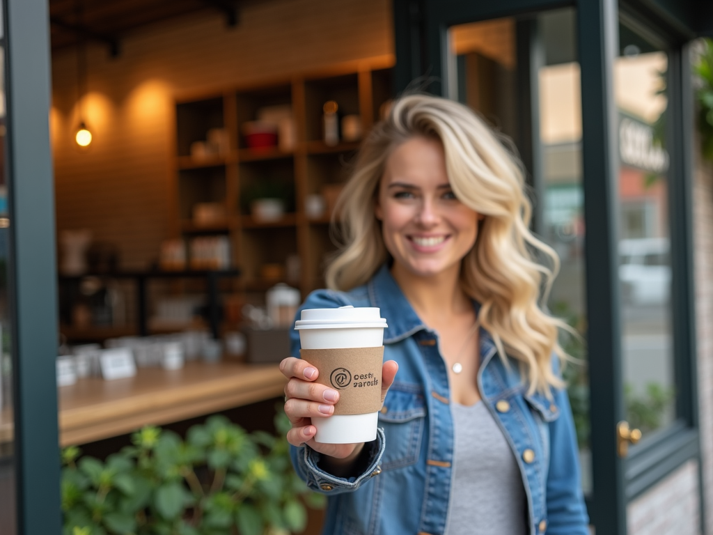 Person mit wiederverwendbarem Kaffeebecher vor einem Zero-Waste-Laden