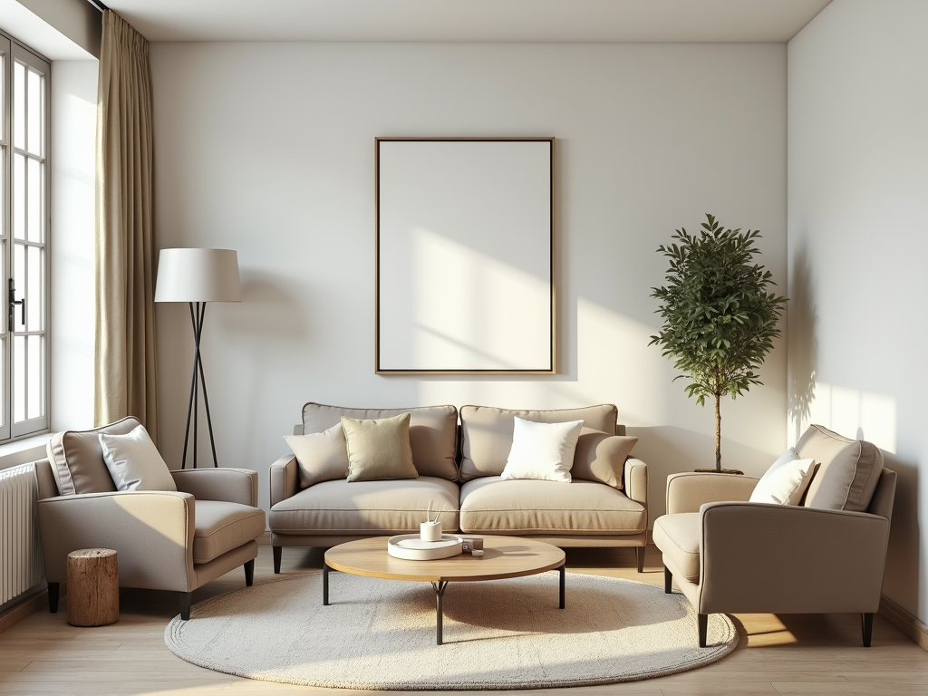 Ein minimalistisches Wohnzimmer mit klaren Linien und neutralen Farben.