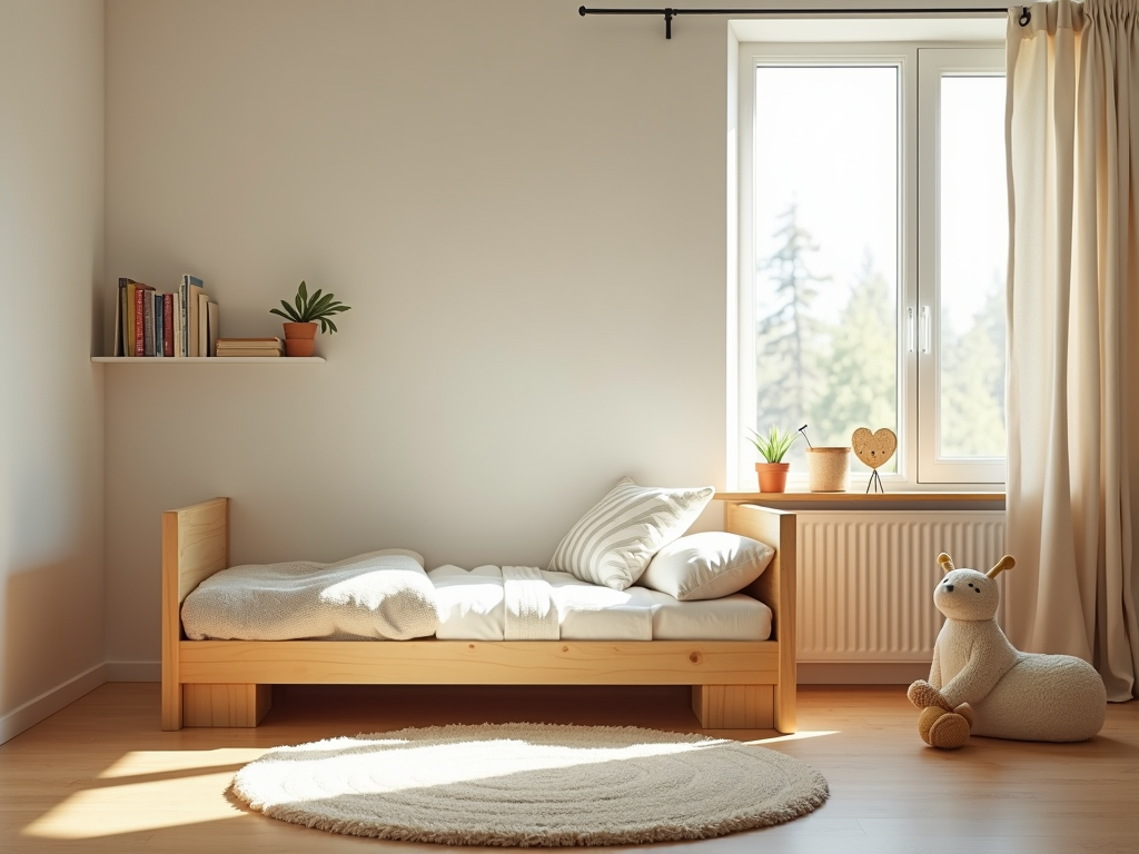 Ein helles, minimalistisches Kinderzimmer mit einfachen Möbeln und wenigen Spielzeugen.