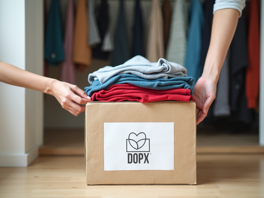 Eine Person legt gefaltete Kleidung in eine Spendenbox und zeigt den Effekt des Entrümpelns.