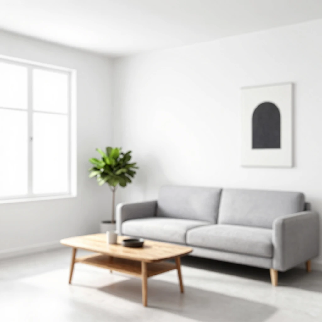 Minimalistisches Wohnzimmer mit grauem Sofa und natürlichem Licht