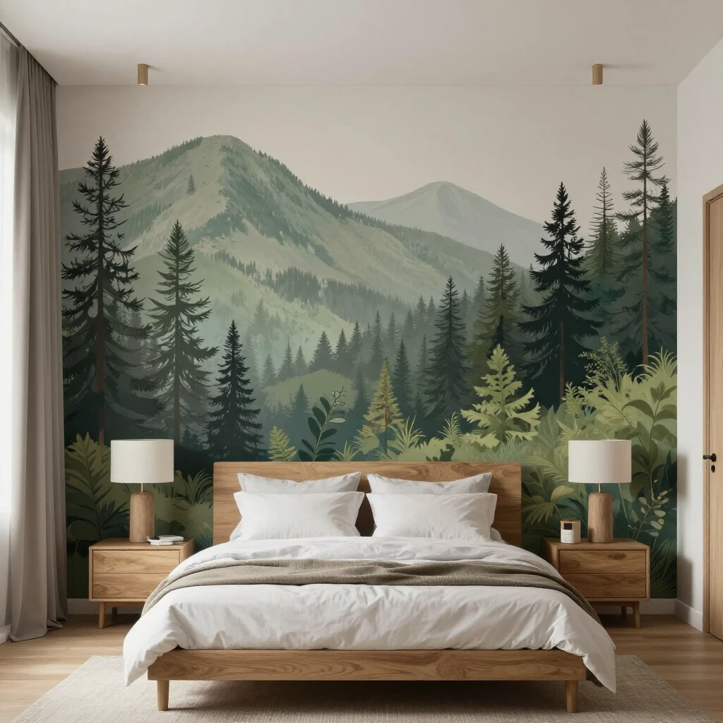 Ruhiges Schlafzimmer mit Natur-Wandtapete von Wald oder Bergen, vielen Pflanzen und minimalistischem Design