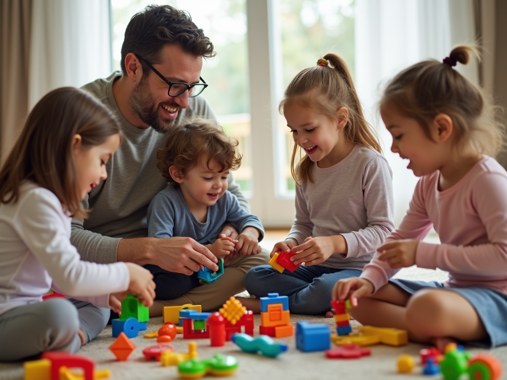 Eine Familie sortiert gemeinsam Spielzeug, Kinder entscheiden über Behalten oder Spenden