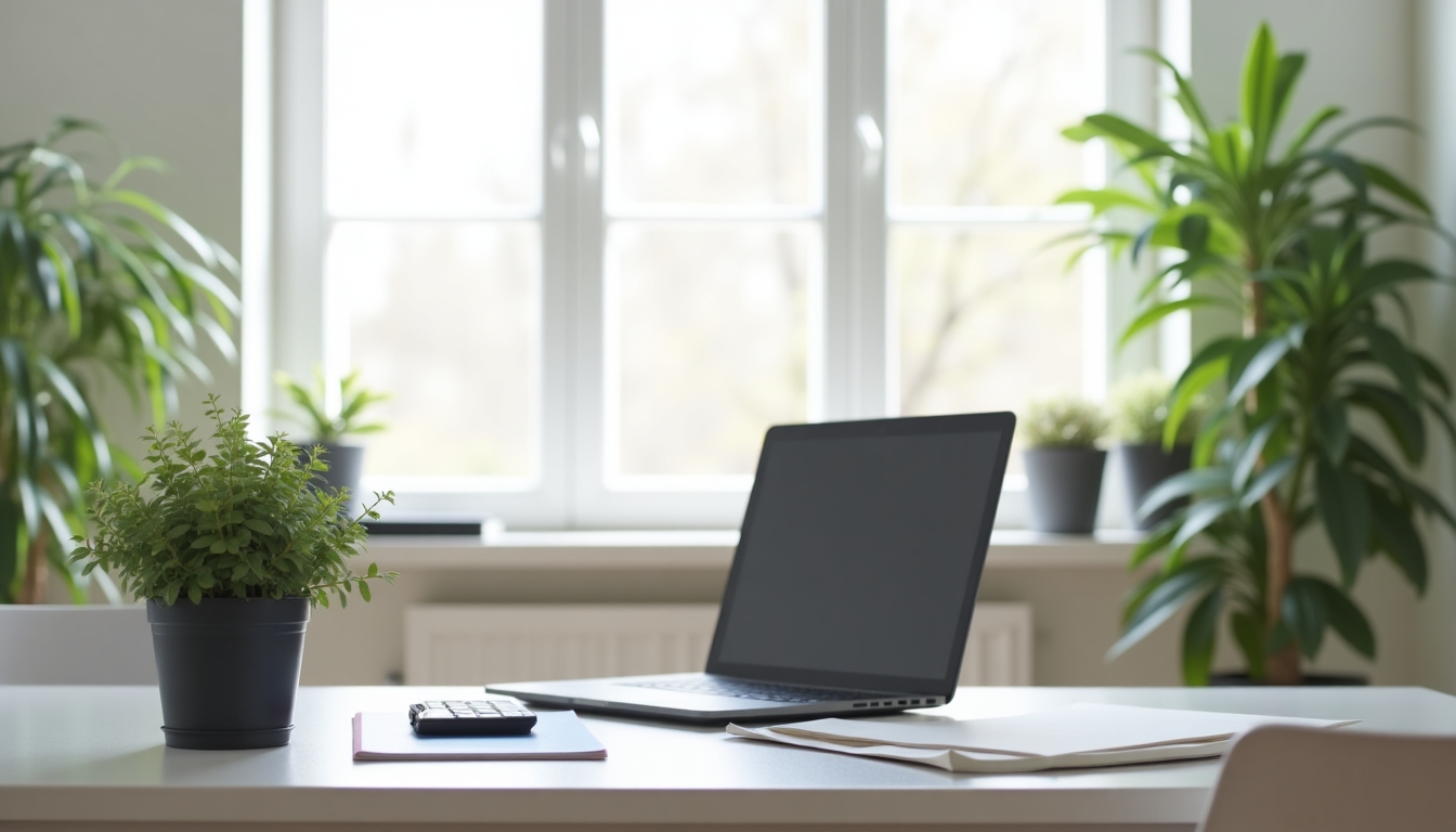 Ein ordentlicher Arbeitsplatz mit einem schlichten Schreibtisch, einem bequemen Stuhl und einem Laptop. Kein Papierkram oder Unordnung, nur eine kleine Pflanze als grüner Akzent.