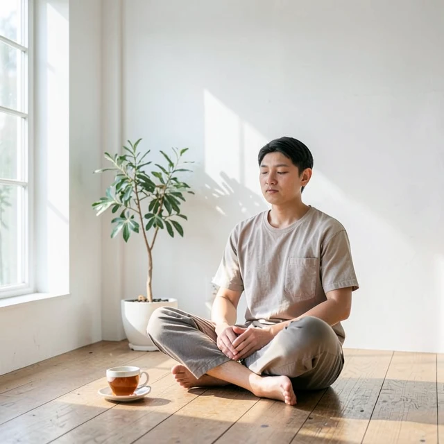 Person in achtsamer Meditation in einem minimalistischen Raum