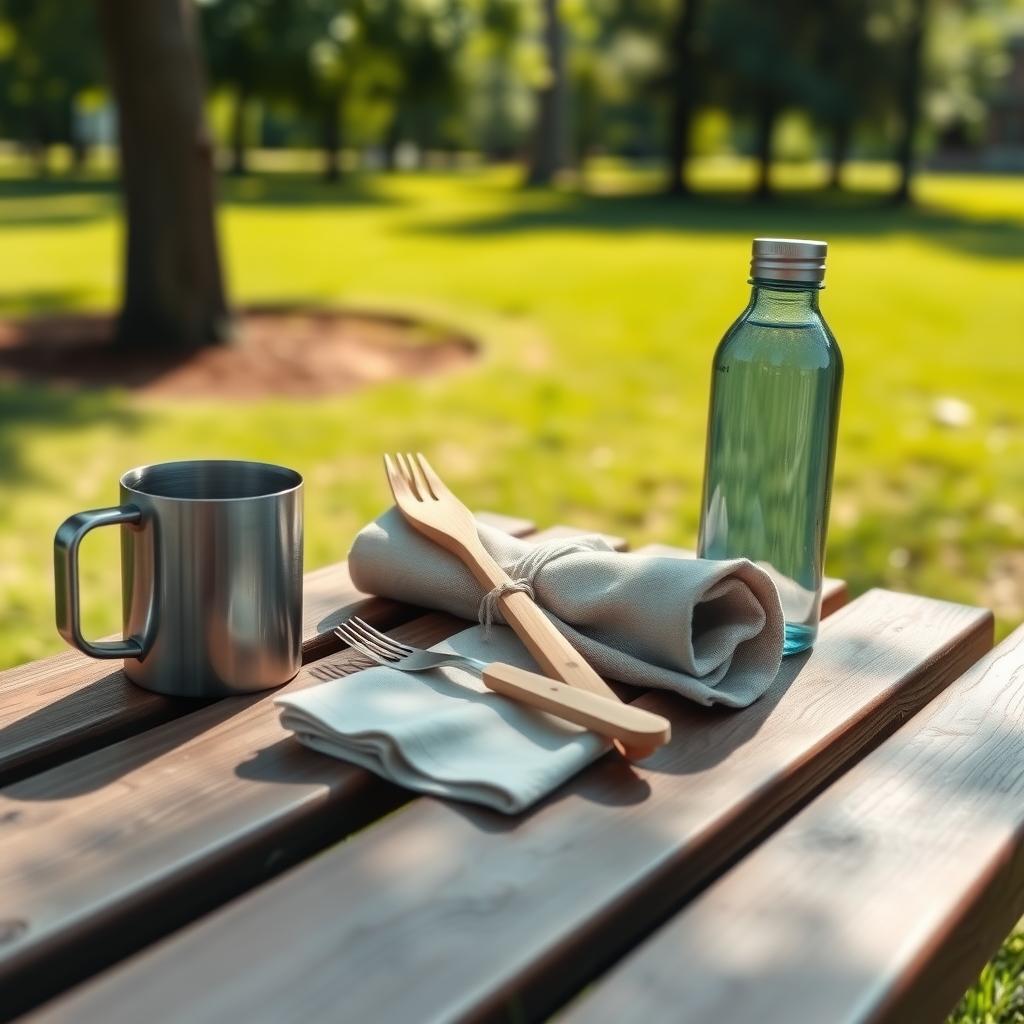Ein Parktisch mit einer Edelstahl-Kaffeetasse, Bambusbesteck in einer Stoffserviette und einer wiederverwendbaren Trinkflasche.