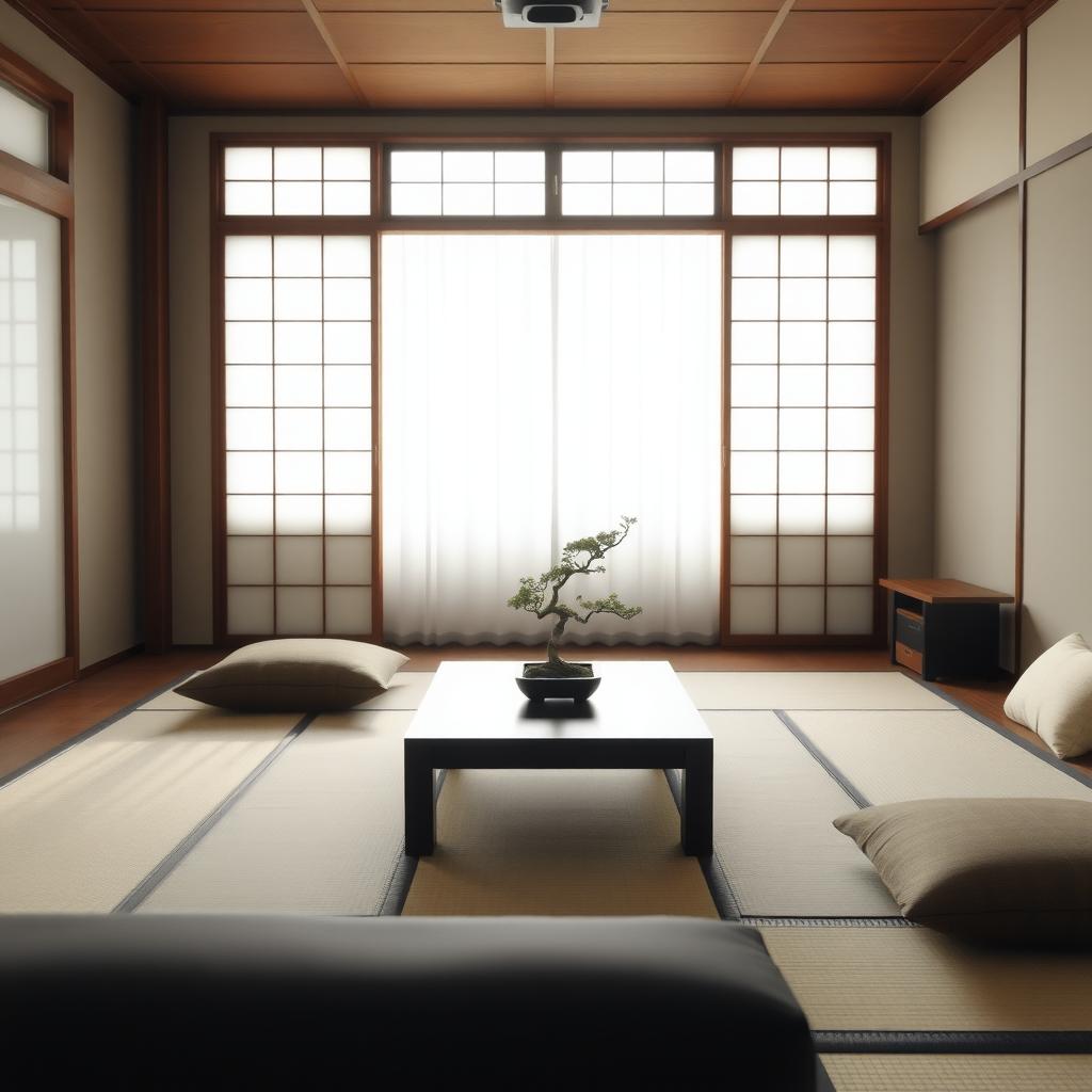 Ein ruhiger japanischer Wohnraum mit Tatami-Matten, niedrigen Holzmöbeln und einem Bonsai-Baum auf einem minimalistischen Tisch, beleuchtet von sanftem Tageslicht durch Shoji-Schirme.