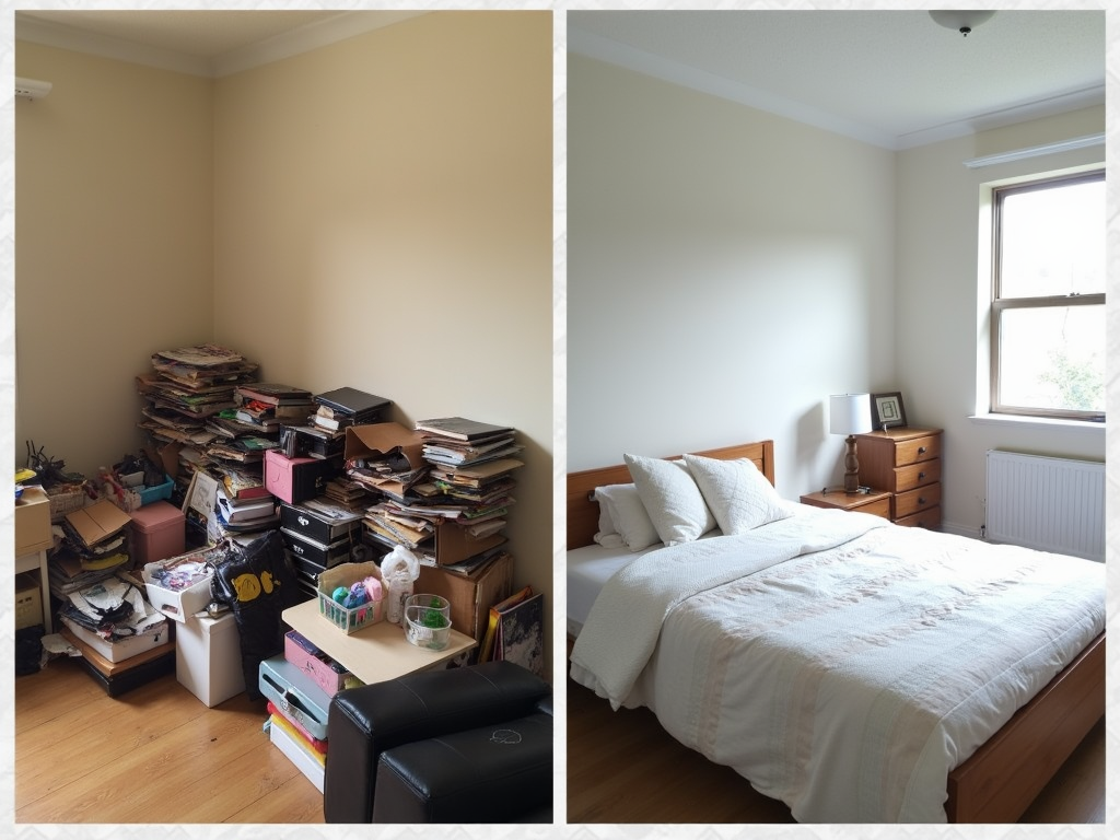 Ein Vorher-Nachher-Bild zeigt die Verwandlung eines chaotischen in ein minimalistisches Zimmer.