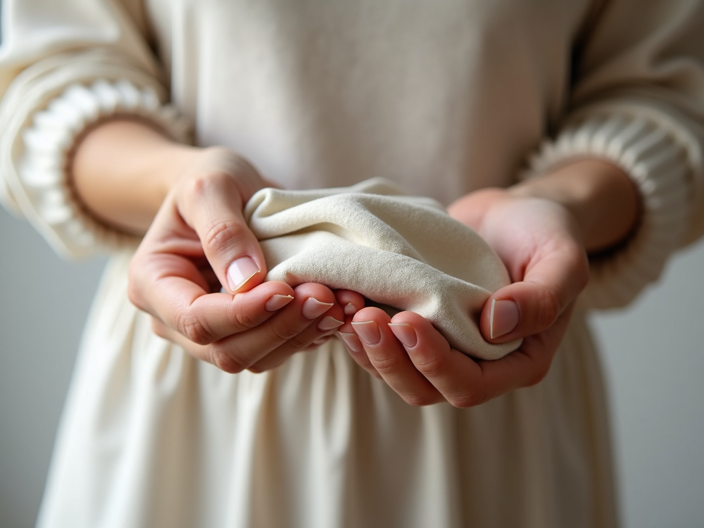 Eine Nahaufnahme einer Hand, die ein hochwertiges, nachhaltiges Stoffmuster hält.