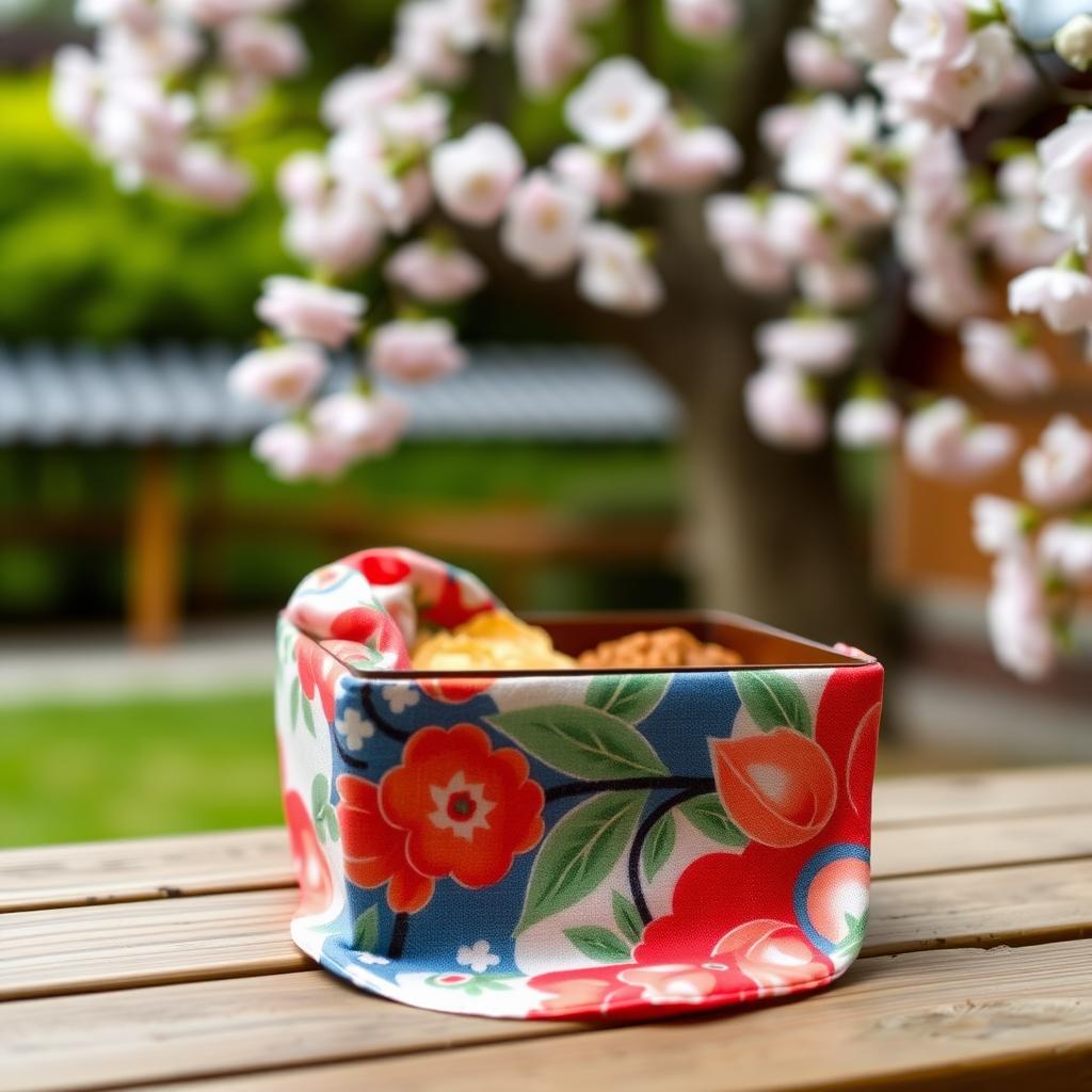 Ein buntes Furoshiki-Tuch, das eine Bento-Box umwickelt, auf einer Holzoberfläche vor einem unscharfen Hintergrund eines japanischen Gartens mit Kirschblüten.