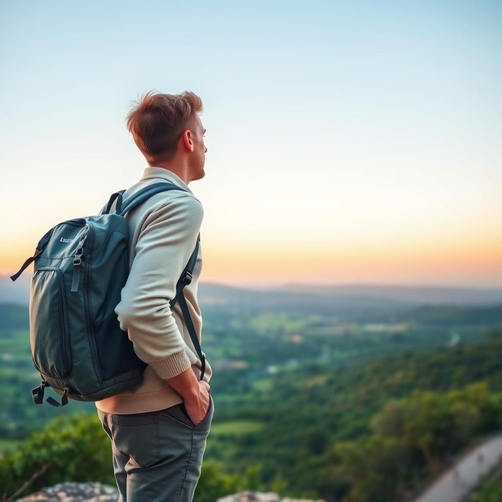Ein Reisender mit einem leichten Rucksack steht an einem Aussichtspunkt über einem grünen Tal bei Sonnenuntergang.