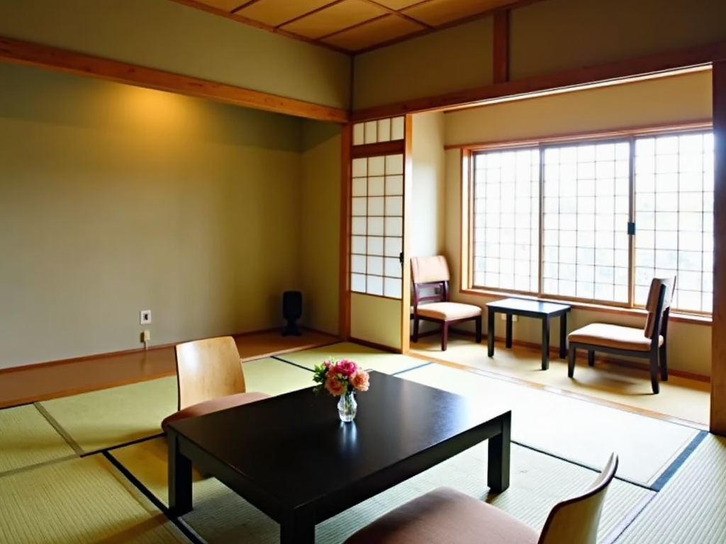 Ein traditionelles japanisches Zimmer mit Tatami-Matten und einer einzelnen Blumenarrangement.