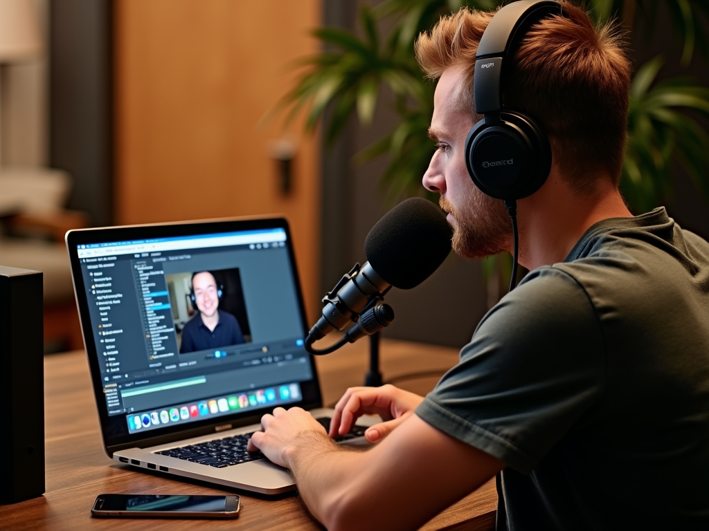 Podcaster bearbeitet eine Episode am Laptop