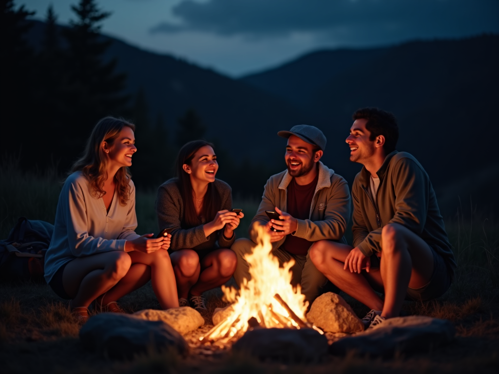 Freunde genießen ein Lagerfeuer ohne digitale Geräte