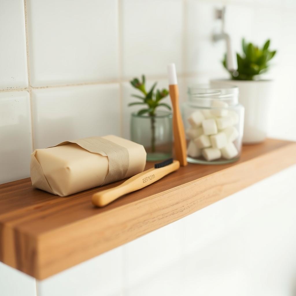 Nachhaltige Pflegeprodukte auf einem minimalistischen Holzregal im Badezimmer.