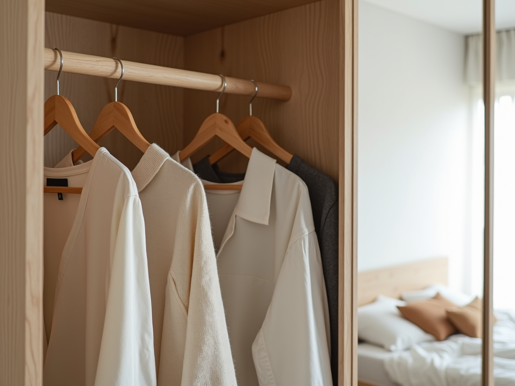 Ein minimalistischer Kleiderschrank mit wenigen, sorgfältig ausgewählten Kleidungsstücken an Holzbügeln.