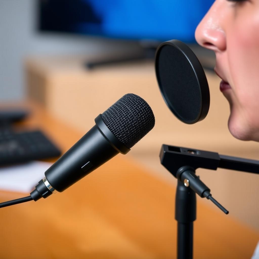Eine Nahaufnahme einer Person, die in ein USB-Mikrofon mit Pop-Filter spricht, auf einem schlichten Holztisch, mit unscharfem Hintergrund.