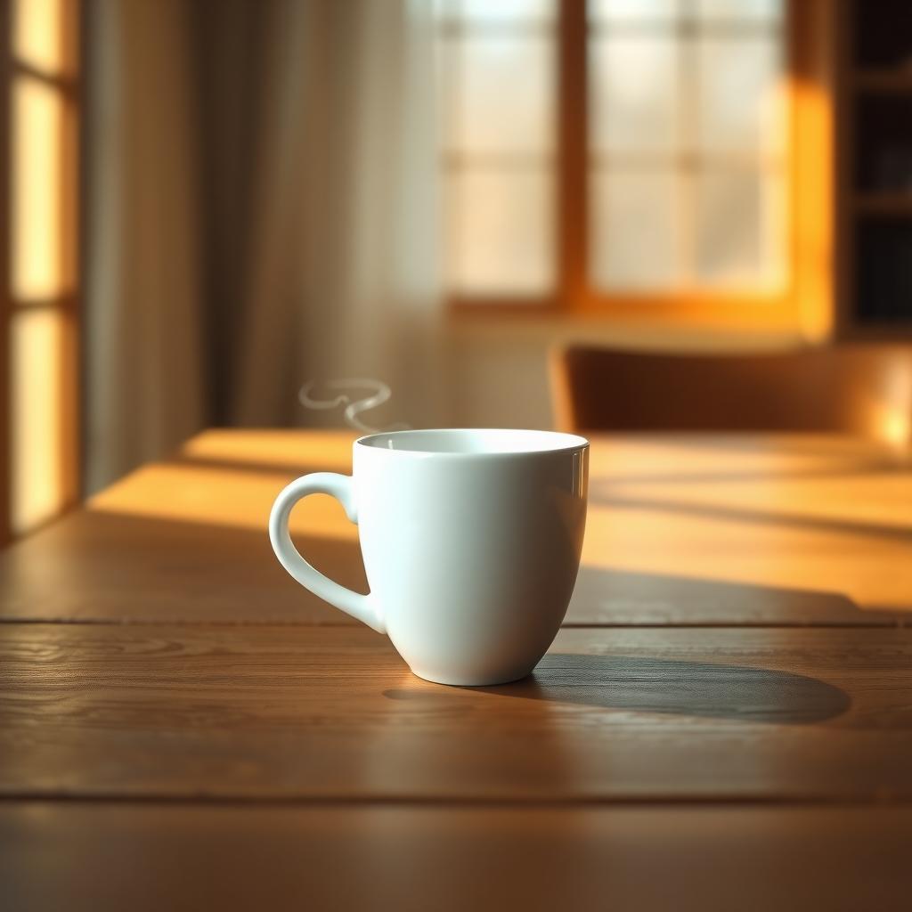 Minimalistisches Foto einer weißen Kaffeetasse auf einem Holztisch mit weichem Morgenlicht