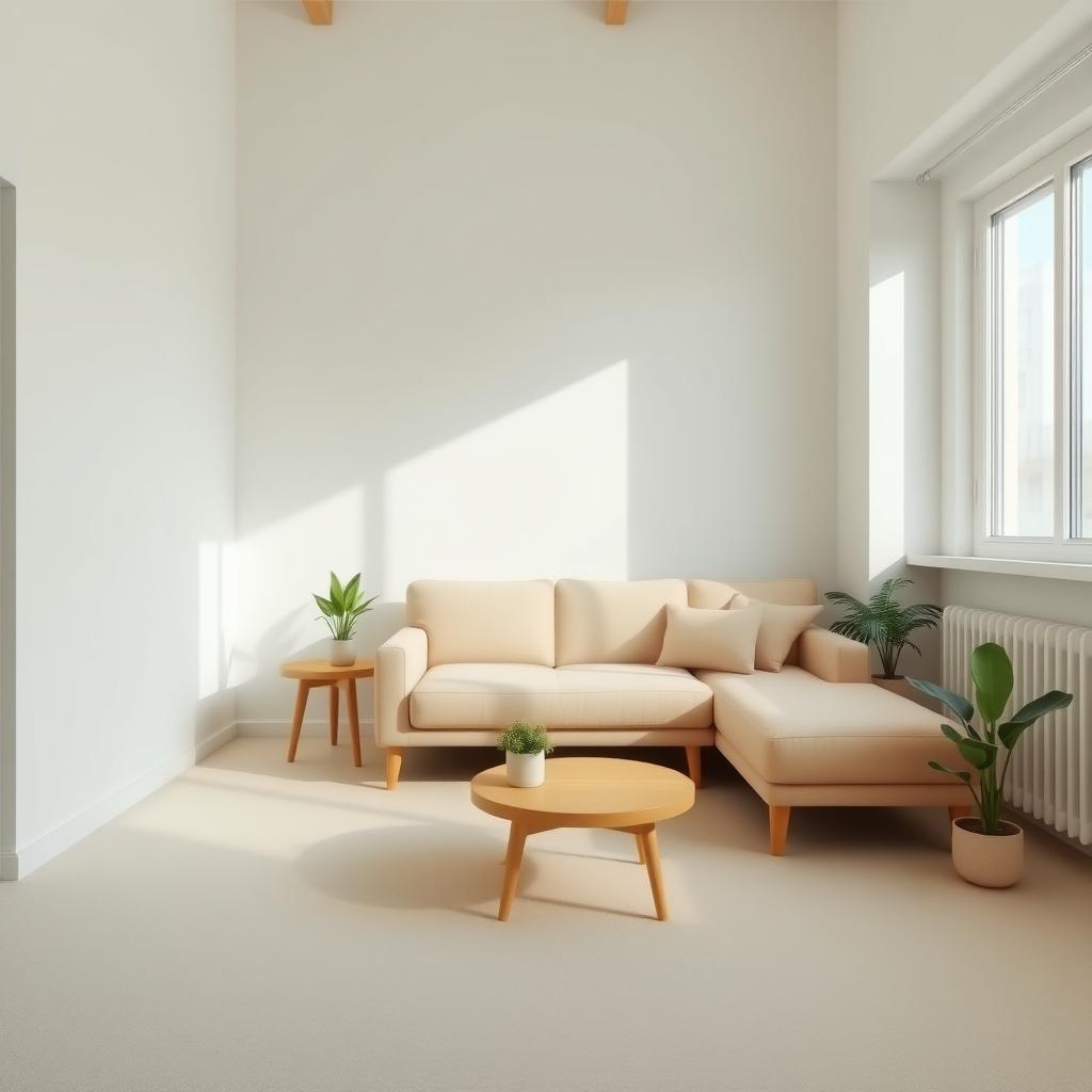 Ein aufgeräumtes, minimalistisches Wohnzimmer mit einem beigen Sofa, einem Holztisch und ein paar Pflanzen in einfachen Töpfen, beleuchtet durch natürliches Licht.