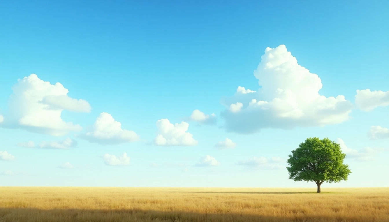 Ein einzelner Baum in einem Feld mit weitem, leerem Himmel