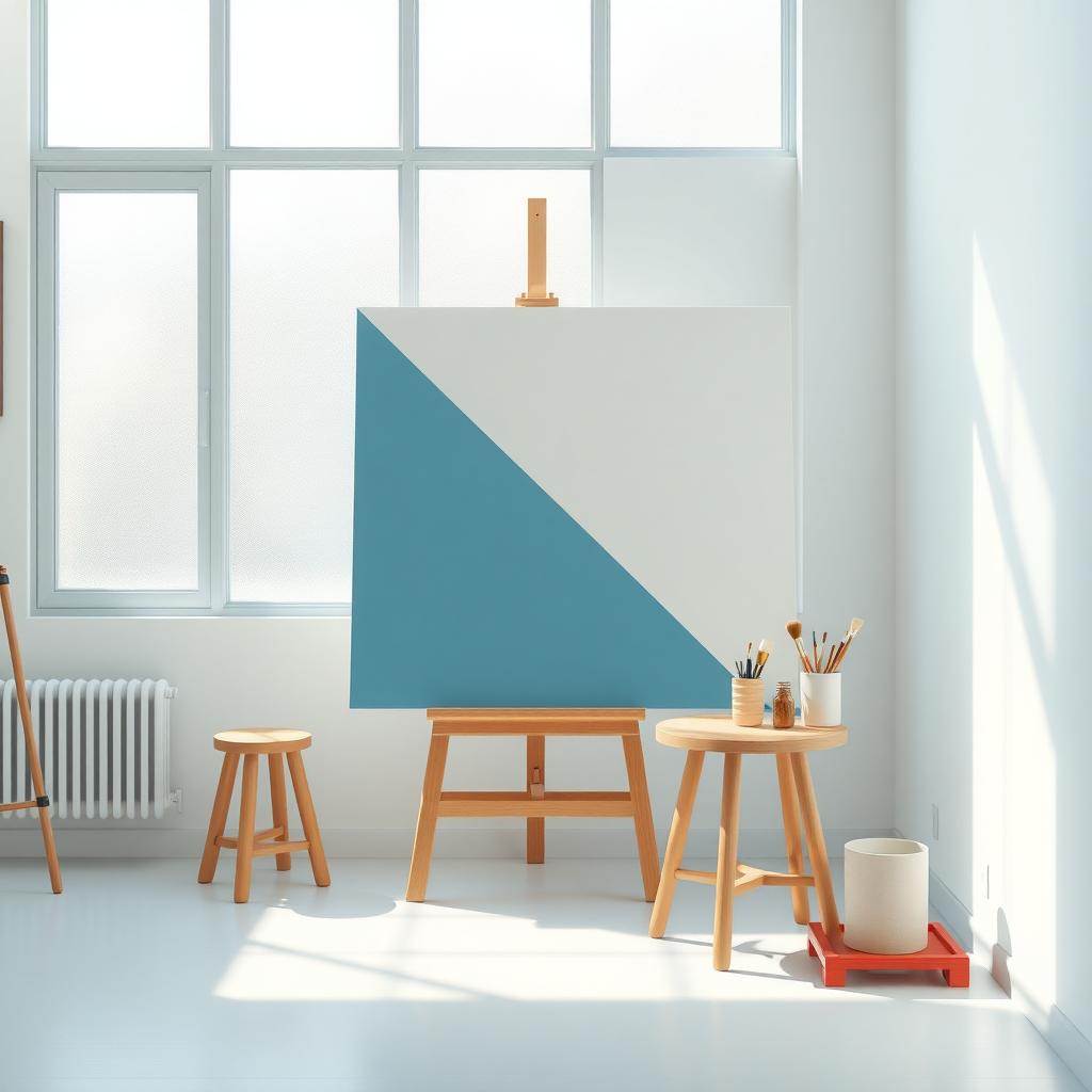 Minimalistisches Kunststudio mit einem geometrischen Gemälde auf einer Staffelei und wenigen Pinseln auf einem Tisch.