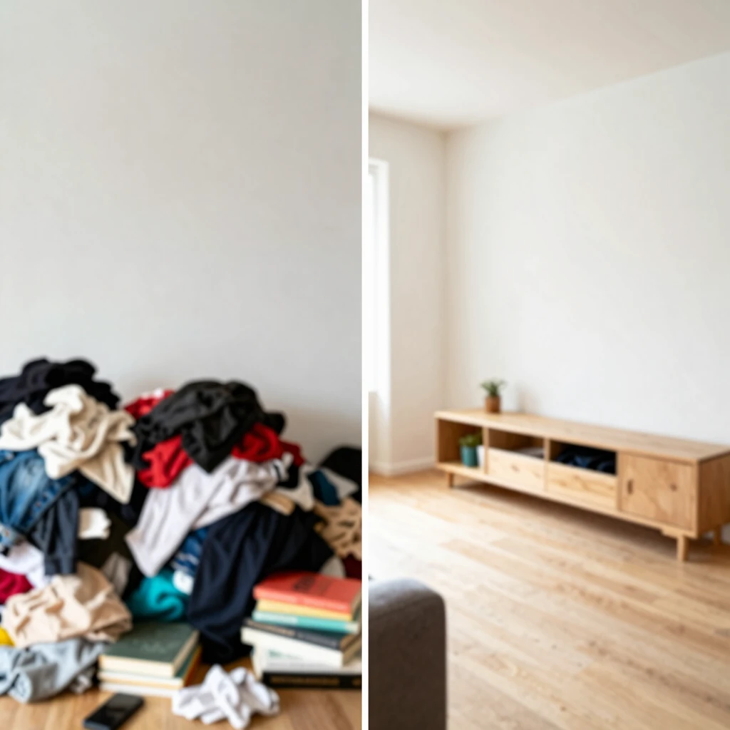 Vorher-Nachher-Vergleich eines Wohnzimmers: Links chaotisch und überfüllt, rechts ordentlich und minimalistisch nach der KonMari-Methode