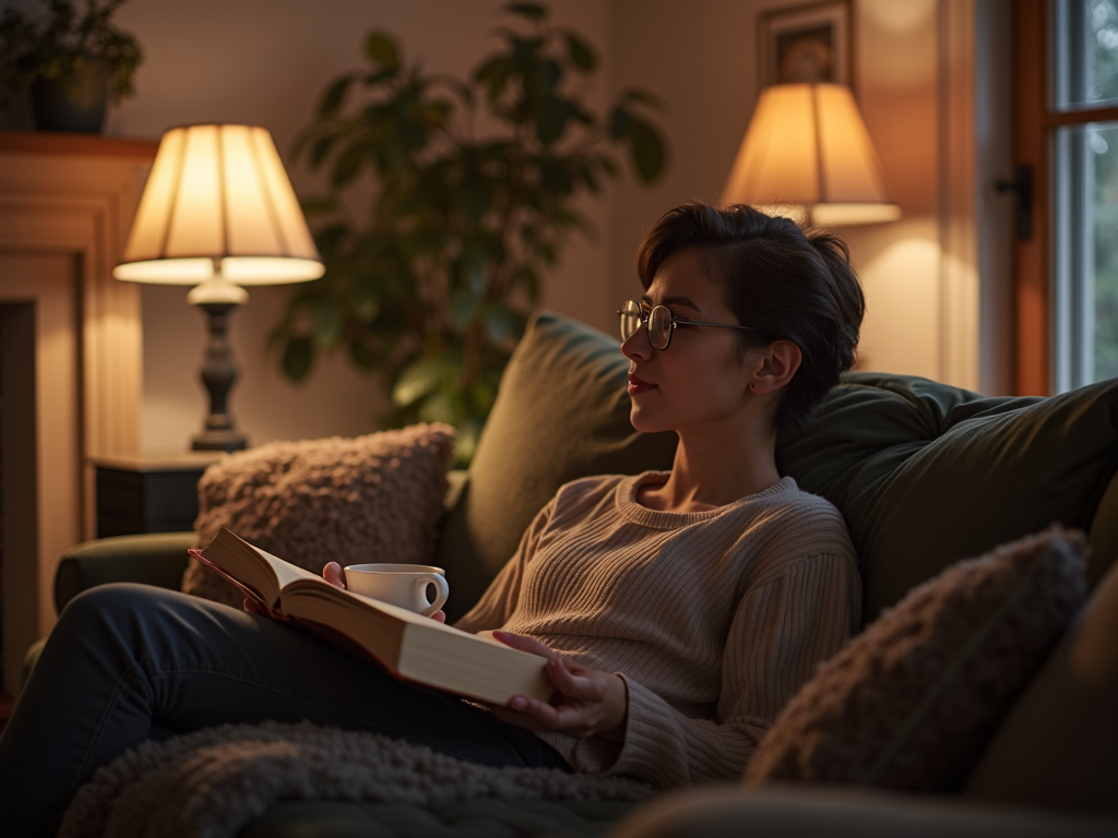 Eine Person sitzt gemütlich im Wohnzimmer, liest ein Buch mit einer Tasse Tee, ohne digitale Geräte, was eine Pause von Bildschirmen darstellt.