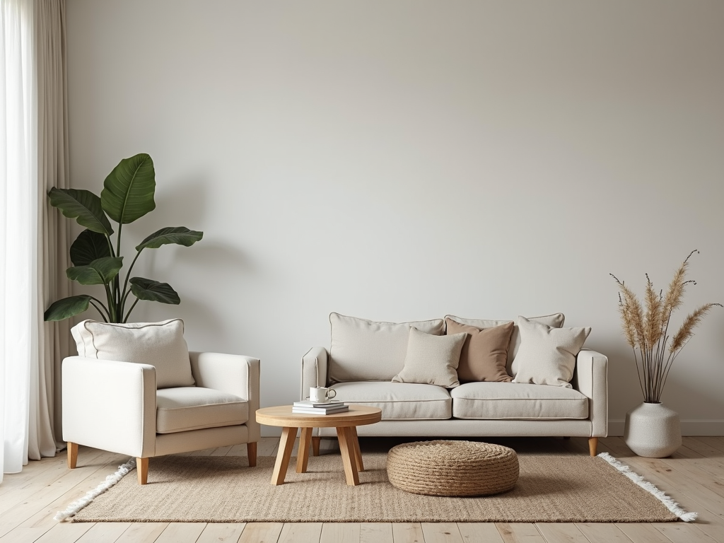 Ein minimalistisches Wohnzimmer mit essenziellen Möbeln und Dekorationen, das Raum und Ruhe betont.