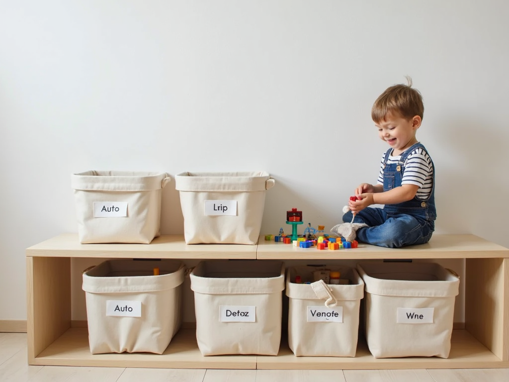 Ein Kind, das fröhlich seine Spielsachen in beschrifteten Boxen organisiert.