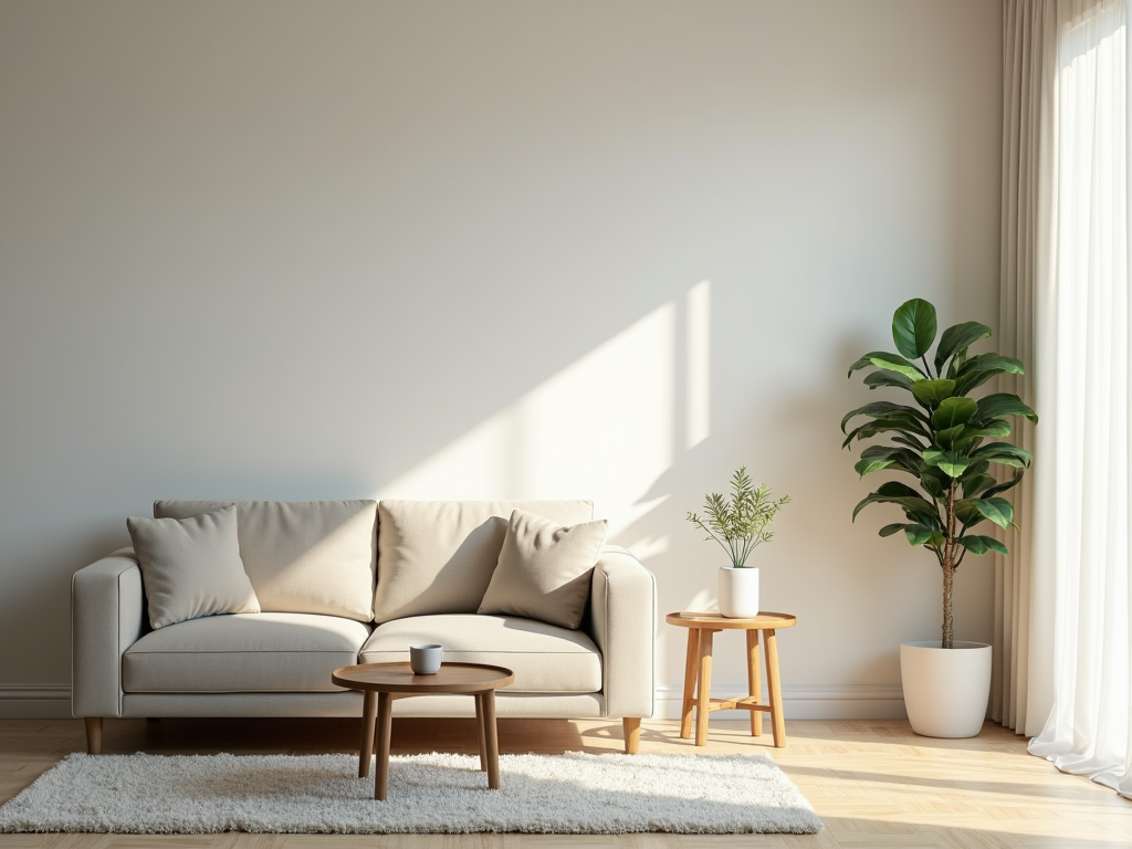 Ein minimalistisches Wohnzimmer mit Sofa, Couchtisch und Topfpflanze