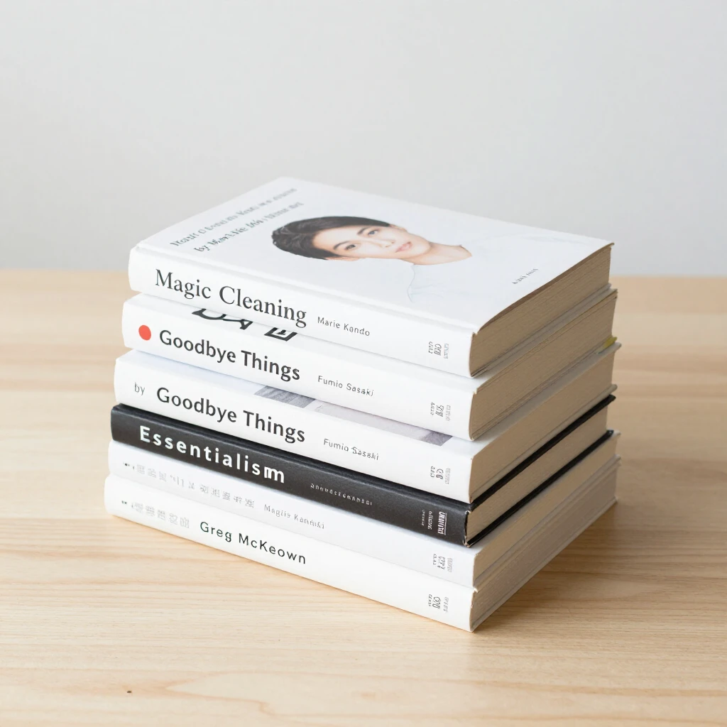 Ein Stapel beliebter Minimalismus-Bücher auf einem sauberen Holztisch, mit Titeln wie Magic Cleaning, Goodbye Things und Essentialism