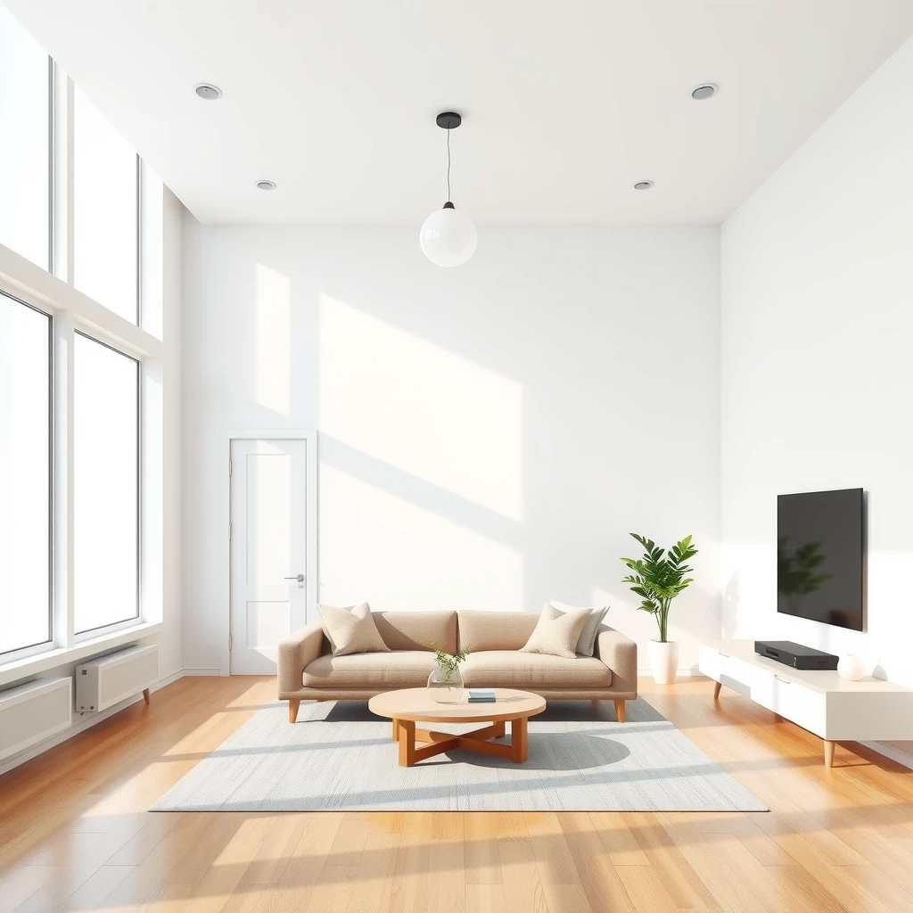 Ein moderner minimalistischer Wohnraum mit weißen Wänden, einfachen Möbeln und viel natürlichem Licht