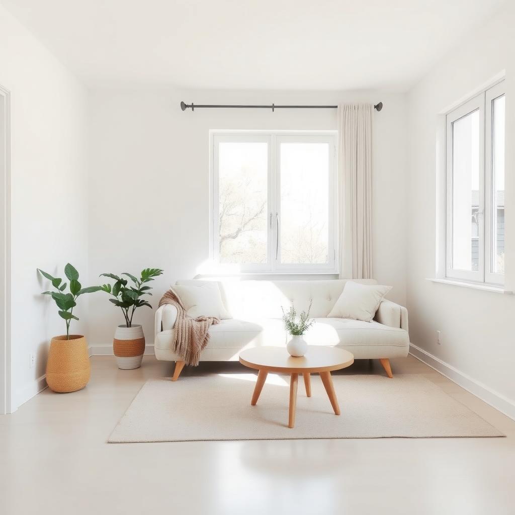 Ein minimalistisches Wohnzimmer mit neutralen Farben, einer einfachen Couch, einem kleinen Holztisch mit einer Topfpflanze und einem sauberen Boden mit einem weichen Teppich, beleuchtet durch natürliches Licht.
