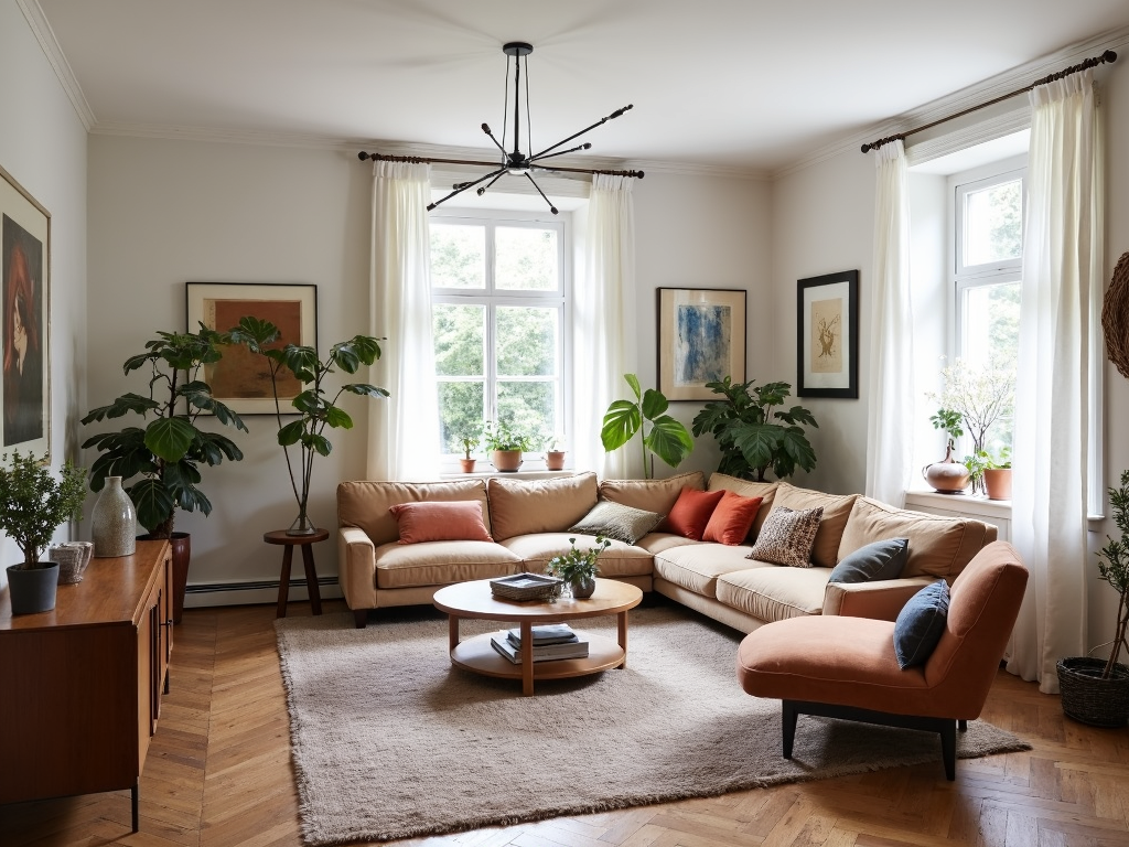 Gemütliches Wohnzimmer mit Vintage-Möbeln
