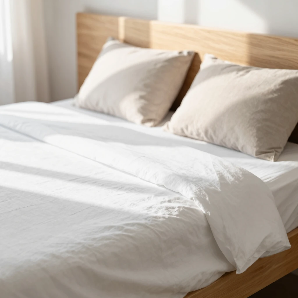 Nahaufnahme eines minimalistischen Bettes mit weißer Bettwäsche, einfachem Kopfteil und weichem Morgenlicht