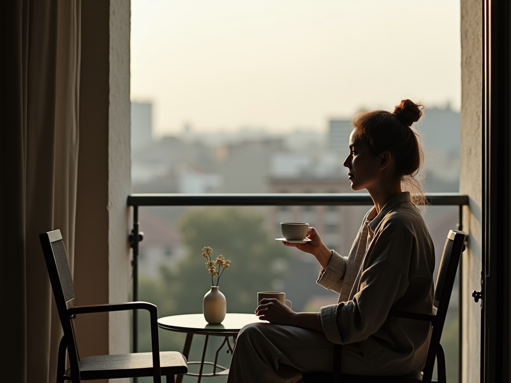 Eine Person sitzt mit einer Tasse Tee auf einem Balkon mit einfachem Stuhl und Tisch.
