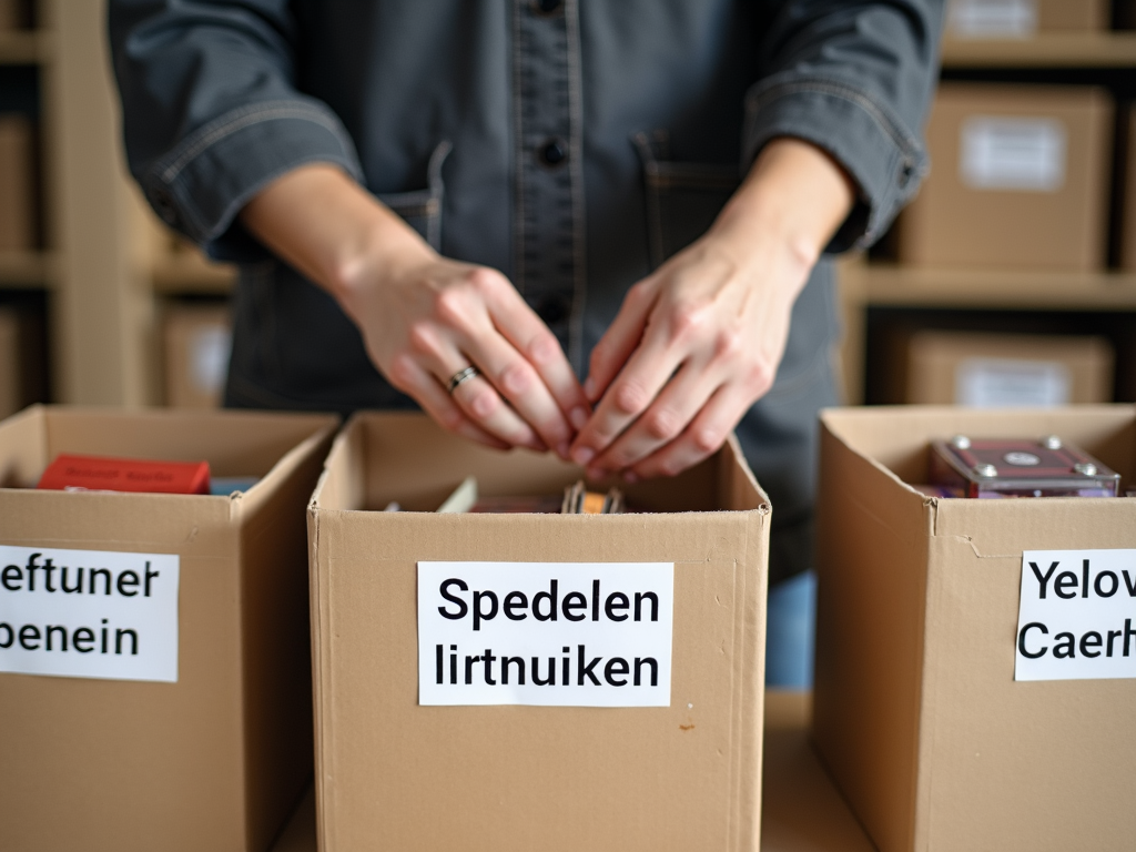 Eine Person sortiert Gegenstände in beschriftete Kartons