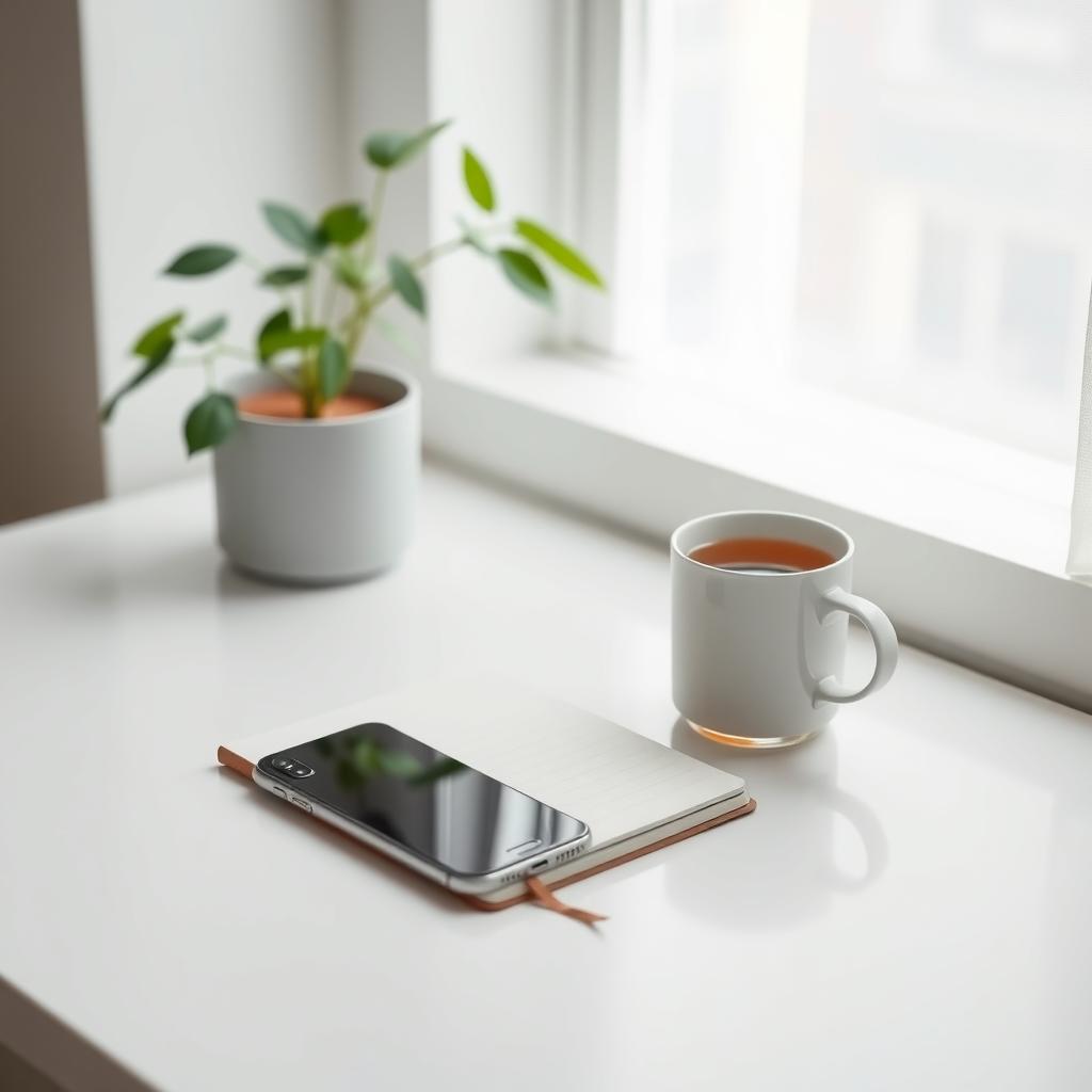 Ein minimalistischer Schreibtisch mit einem Smartphone, einem Notizbuch und einer Tasse Tee, beleuchtet von sanftem Tageslicht.