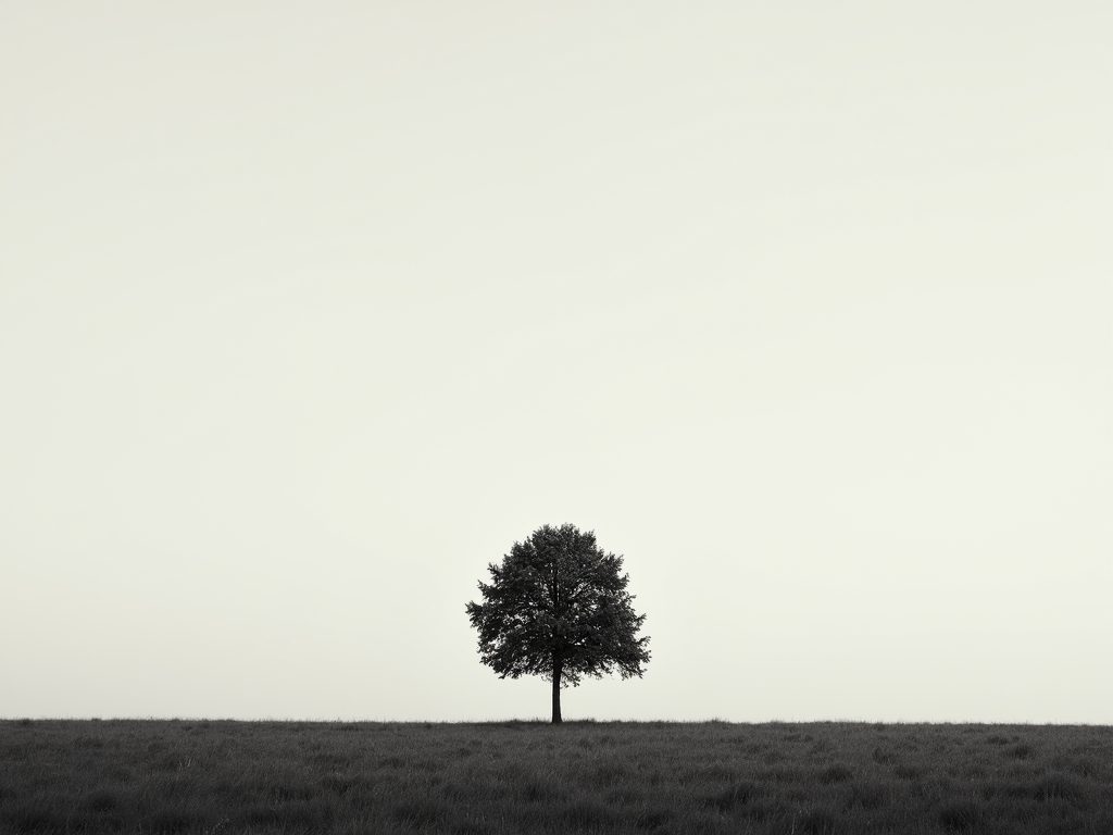 Ein minimalistisches Foto eines einzelnen Baumes in einem weiten Feld unter einem klaren Himmel, das Einsamkeit und Einfachheit betont.