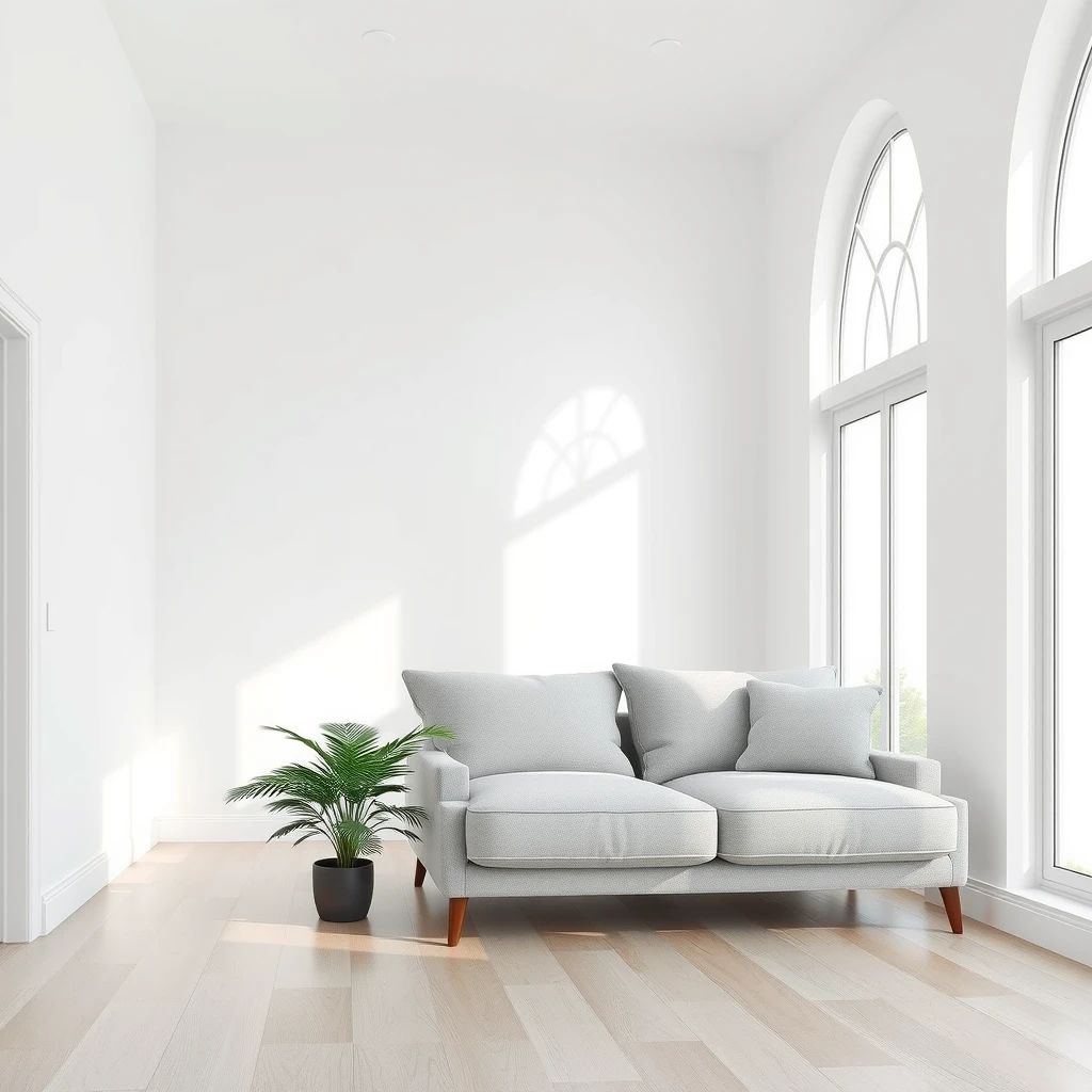 Ein ruhiges, minimalistisches Wohnzimmer mit wenigen Möbeln und viel natürlichem Licht