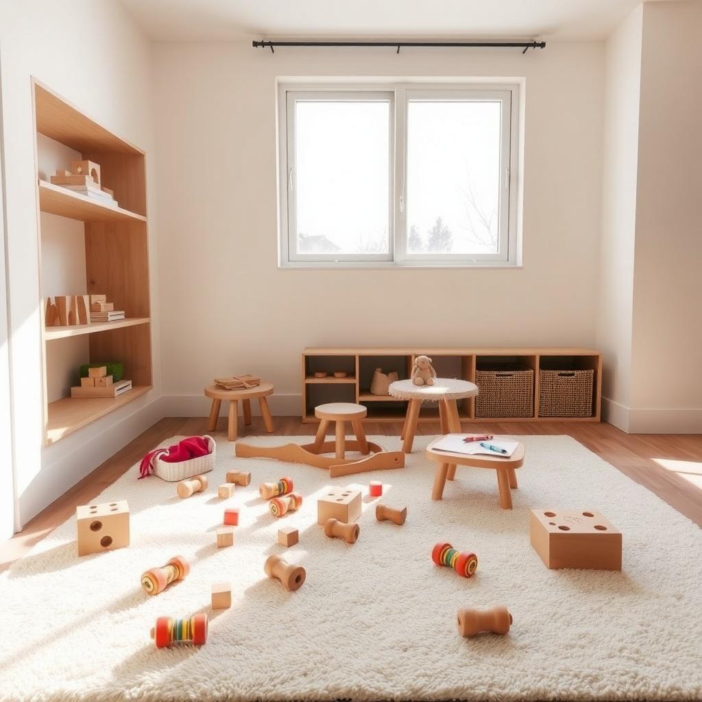 Ein minimalistisches Kinderzimmer mit Holzspielzeug auf einem neutralen Teppich, offenen Regalen und einem kleinen Tisch mit Malutensilien, beleuchtet von natürlichem Licht.