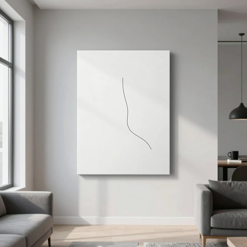 Minimalistisches Wandbild mit einer schwarzen Linie auf weißem Hintergrund in einem modernen Wohnzimmer