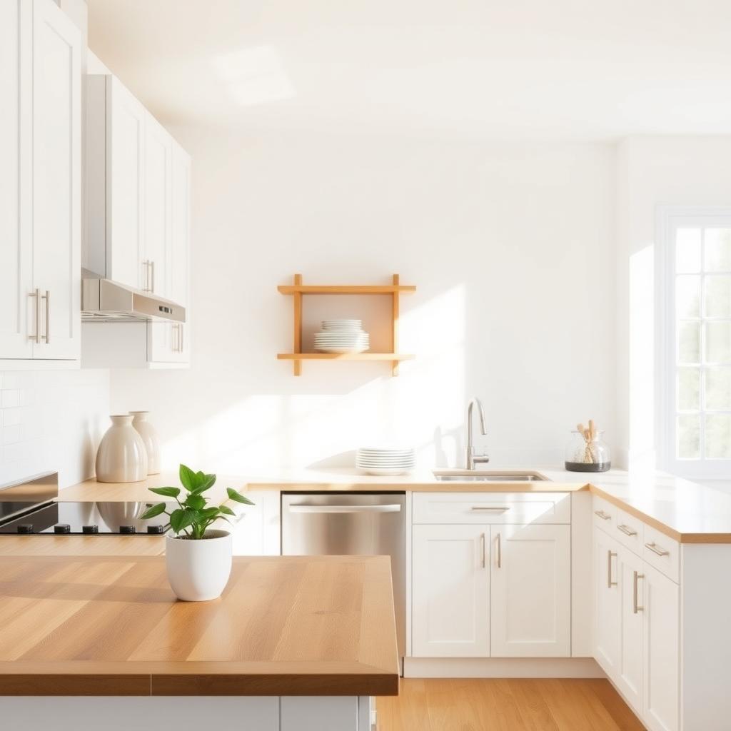 Helle minimalistische Küche mit weißen Schränken, einer glatten Holztheke und einer einzelnen grünen Pflanze in einem weißen Keramiktopf.