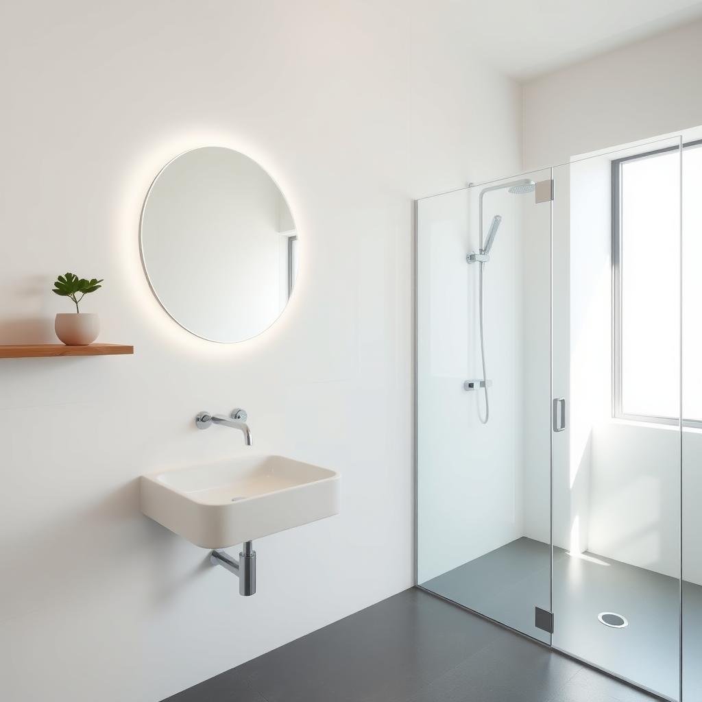 Minimalistisches Badezimmer mit weißem Waschbecken, rundem Spiegel und grüner Pflanze