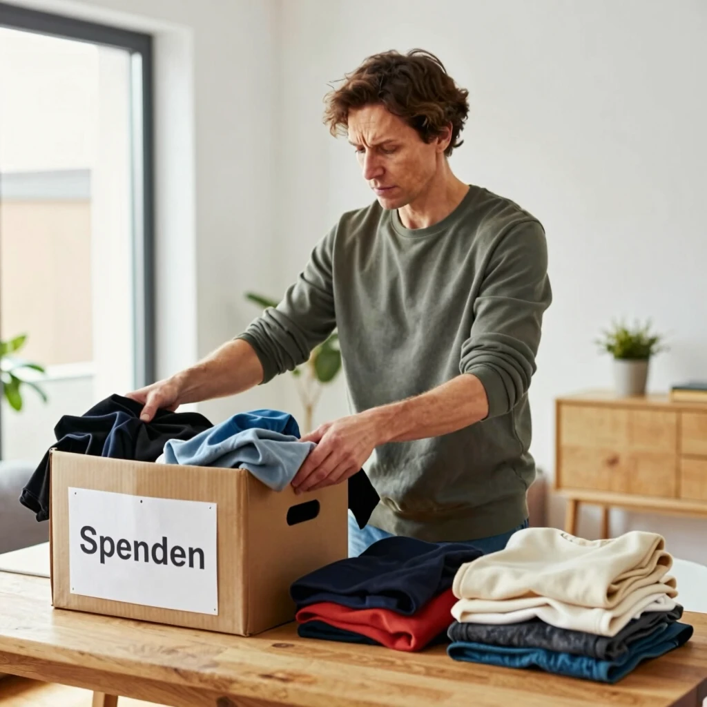 Person sortiert Kleidung aus, mit einem Ausdruck der Erleichterung in einem hellen, minimalistischen Raum